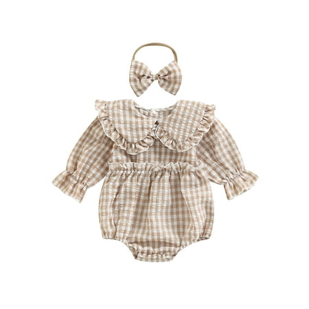 

Amuver 2Pcs Baby Girl Fall Outfit Plaid Doll Collar Long Sleeve Ruffle Romper + Hairband Set for Infants 0-18 Months