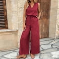 thumbnail image 6 of ClodeEU Women's V Neck Sleeveless Wide Leg Jumpsuit with Drawstring Waist and Pockets ,Solid Color Casual Long Romper Red,Womens Plus XL, 6 of 8