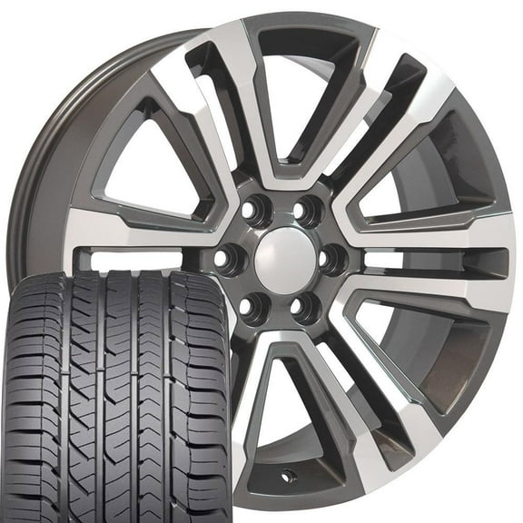 OE Wheels CV44 22 Inch Rims and Tires Fit Yukon Denali Style 6x139.7 22x9 Gloss Gunmetal Machined - Hollander 5822 - Eagle Sport AS 285/45-22 (Set of 4)
