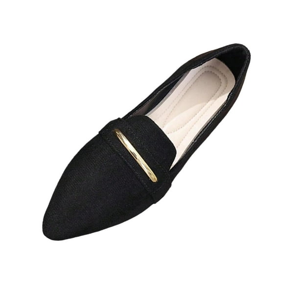 Black Ladies Loafers With Metal Strip Accents Pointed-Toe Flat Shoes Solid Color Low Cut Comfortable Spring And Fall Everyday Walking Shoes Size 36