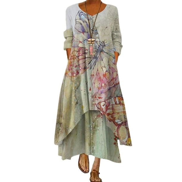 HoWD Long Sleeve Dress Mid Waist Irregular Hem Floral Ankle-length ...