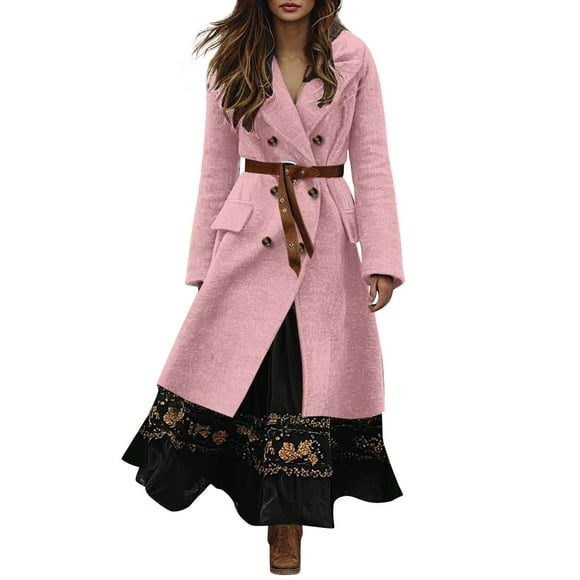 Women's 2025 Bohemian Style Double Breasted Wool Blend Coat, Mid-Length Trench Coat with Lapel Collar, Slim Fit Overcoat, Elegant Fall Winter Outerwear, Classic Solid Color (Belt Not Include) Pink M