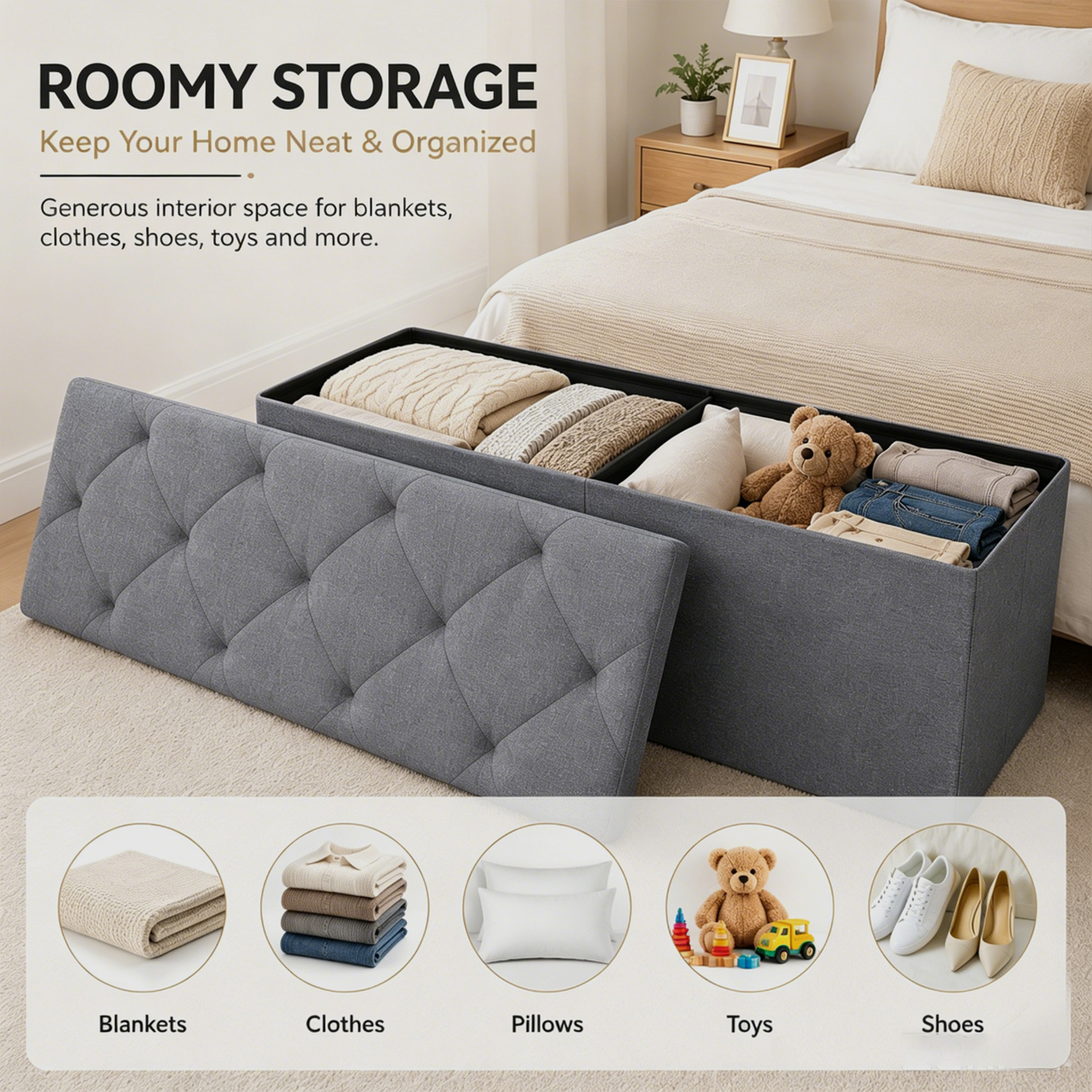 Nnovaroom 43-Inch Folding Storage Ottoman Bench, Gray photo 4