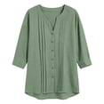 thumbnail image 5 of 3/4 Length Sleeve Womens Tops Cotton Linen V Neck Button Up Pleated Relaxed Fit Dressy Casual Office Work T Shirts, 5 of 5