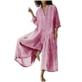 thumbnail image 2 of Teissuly Women Casual Solid 3/4 Sleeve Round Neck Cotton Linen Romper Long Playsuit Jumpsuit, 2 of 6