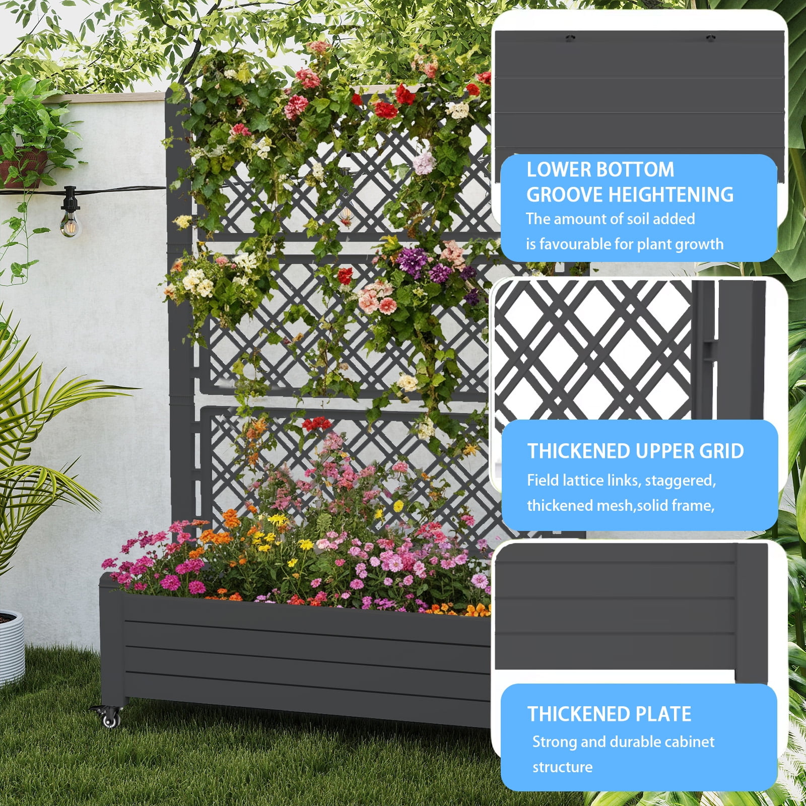 EasyUp Raised Garden Bed with Trellis for Climbing Plants,Outdoor Herb Garden Planter with Drainage Plug and Gauge,Durable Dust-Proof Resin for Garden, Patio, Balcony, and Backyard.Father's Day Gift