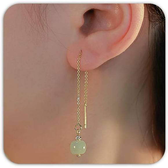 shiyou-Green Earrings for Women Dangling Gold Hoops Earrings Gemstone Teardrop Earring Jade Huggie Hoop Earings Dainty Gold Earring Stack