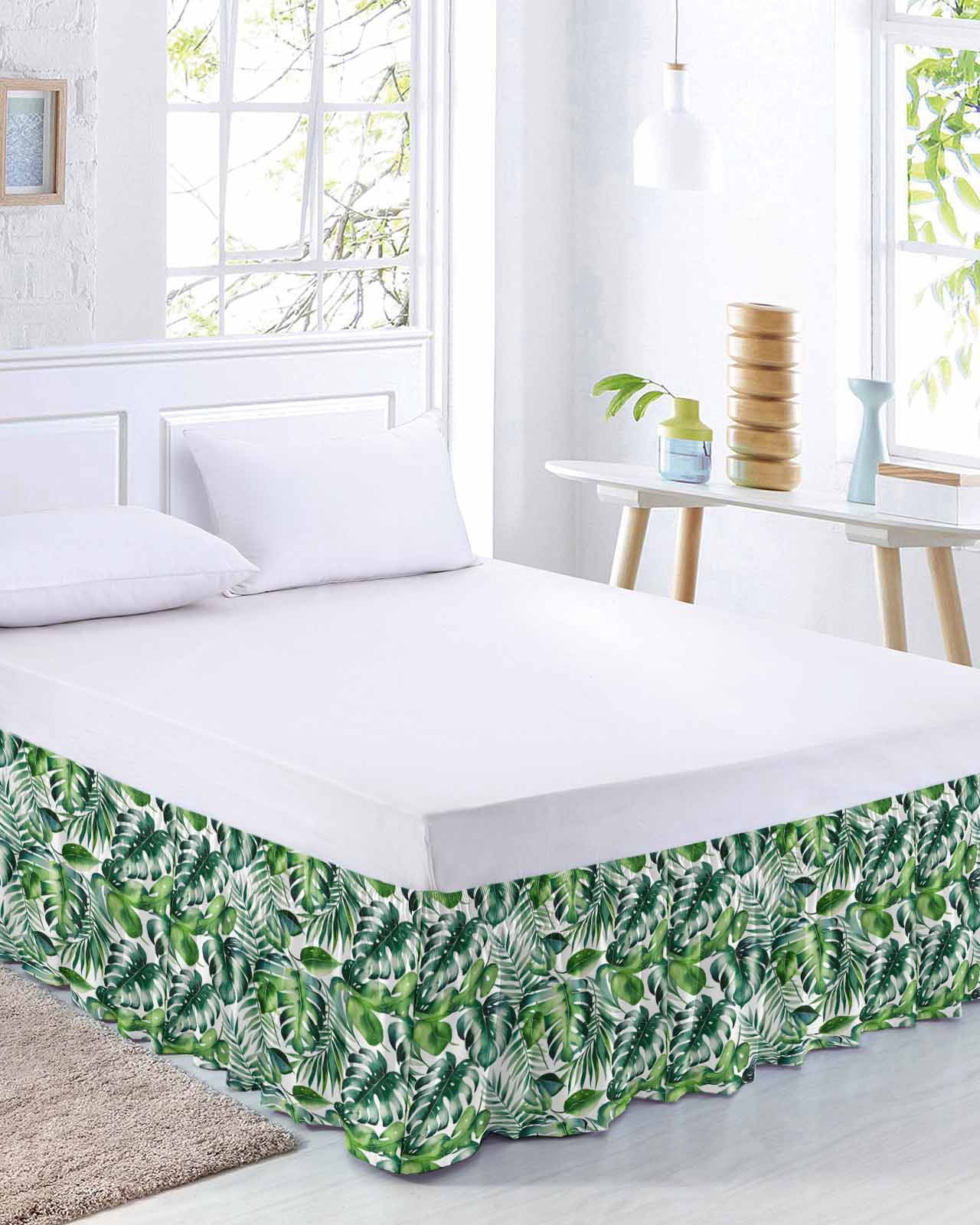 Tropical Bed Skirt Queen Size, Green Palm Leaf Summer Plant Wrap Around Bed Skirting with Adjustable Elastic Strap, Dust Ruffle Pleated Bedskirts 18 Inch Drop for Bedroom Queen Beds