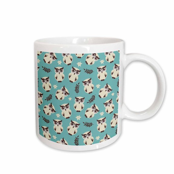 3drose, White Snow Owls and Brown Fern Leaves on Blue Background Animals Pattern Design, 15oz Mug