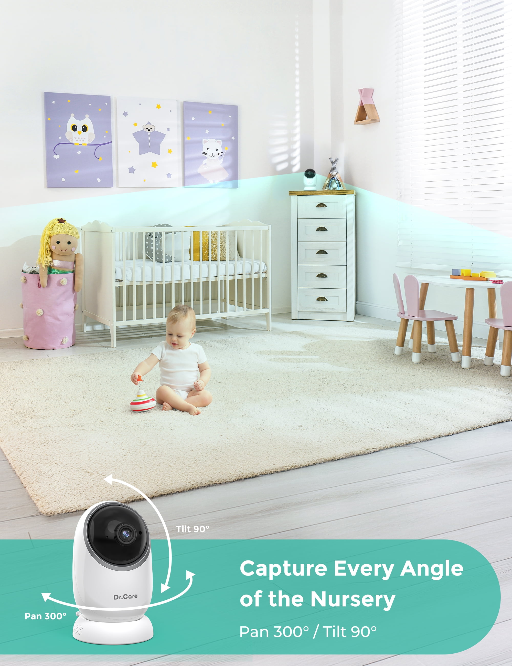 Dr.Care 5" 1080P Split-Screen Video Baby Monitor, Clear Night Vision, 5000mAh Battery, Real-Time/VOX, 2X/4X Zoom, 2-Way Audio, No WiFi Baby Camera