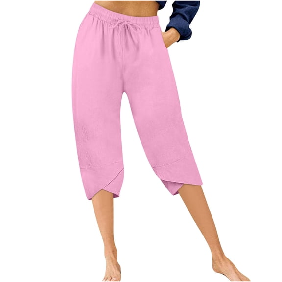 Yuanlook Women's Cotton Linen Relaxed Cropped Pants, Drawstring Waist with Tulip Hem & Side Pockets, S-XXL
