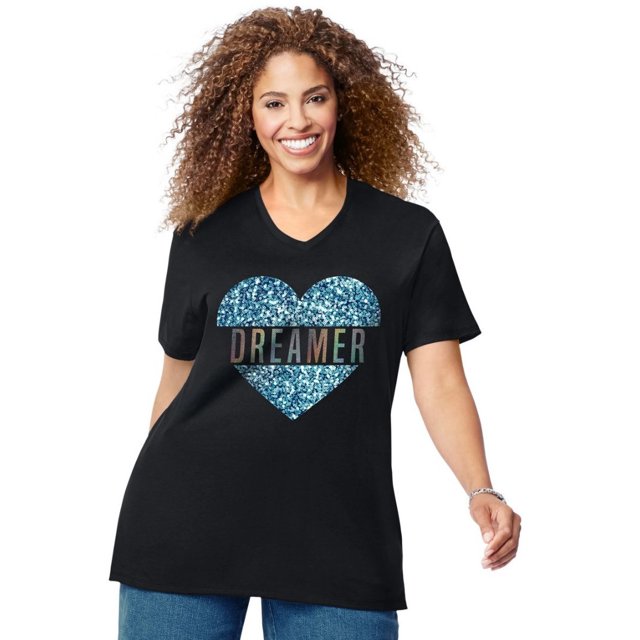 Just My Size T-Shirt Graphique à Manches Courtes pour Femmes, 1X, Cœur Rêveur Noir