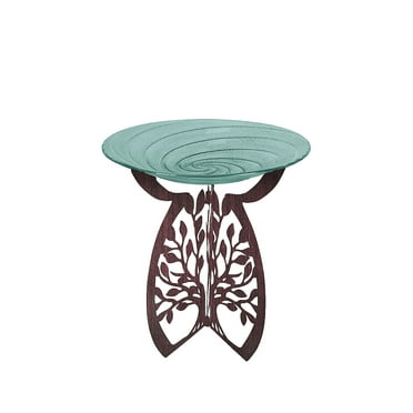 Evergreen Laser Cut Bird Bath Stand and Glass Embossed Bird Bath Set, Tree of Life
