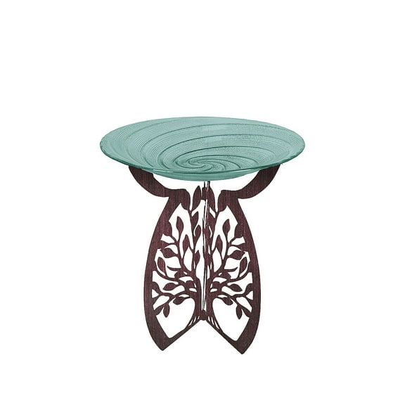 Evergreen Laser Cut Bird Bath Stand and Glass Embossed Bird Bath Set, Tree of Life