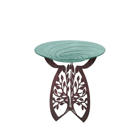 Evergreen Laser Cut Bird Bath Stand and Glass Embossed Bird Bath Set, Tree of Life
