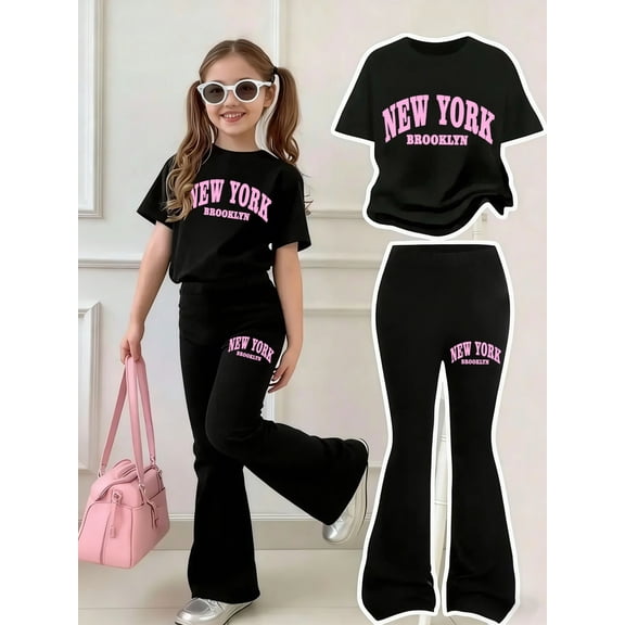 2pcs Summer Girls' Fashion New York Brooklyn Letter Print Off-Shoulder Short Sleeve Round Neck T-Shirt And Stretch Flared Pants Set, Casual Outdoor Campus Long Pants Outfit, for Outdoor