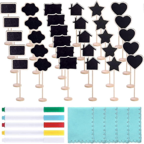 40 piezas de mini pizarras de madera de 6 estilos con caballetes de soporte, pizarras de madera con forma de estrella/floral/corazón/nube/rectángulo/casa para pizarras de tiza.