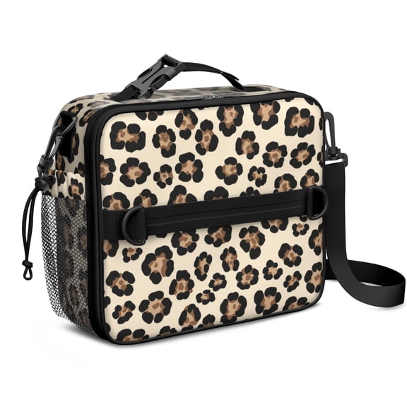 Brown and Beige Leopard Print Insulated Lunch Bag with Shoulder Strap and Bottle Holder,Bento School Lunch Bag Box,11x9.5x3.5 Inches