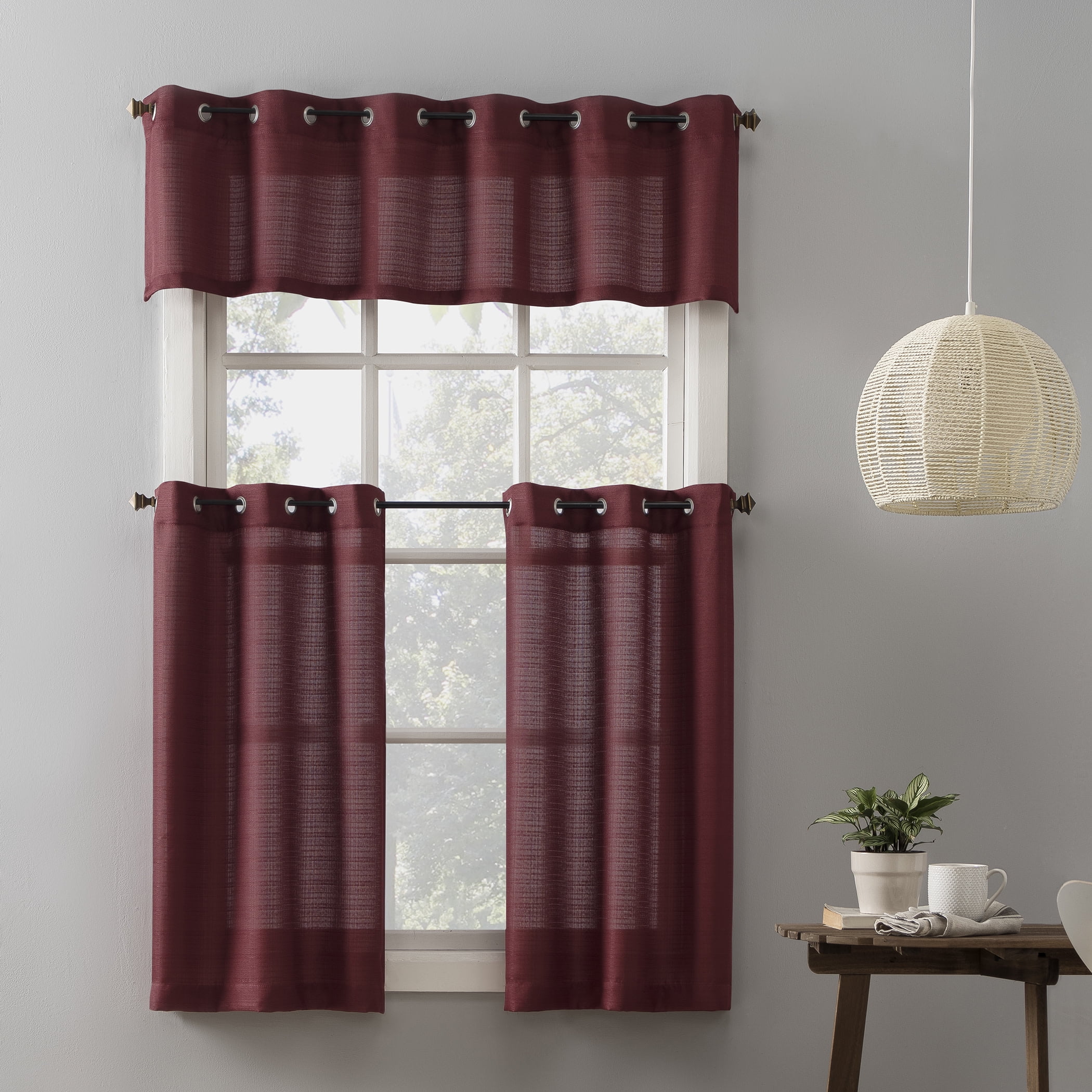 Mainstays Solid Semi Sheer Curtain Tier Pair and Valance Set, 3-Piece, Wine, 54" W x 36" L