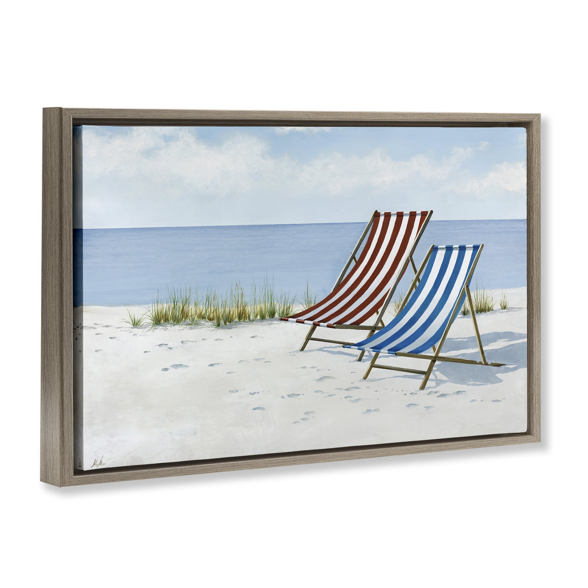 Stupell Industries Serene Beach Chairs Landscape Painting Brown Floater Framed Canvas Art Print Wall Art, 31 x 21