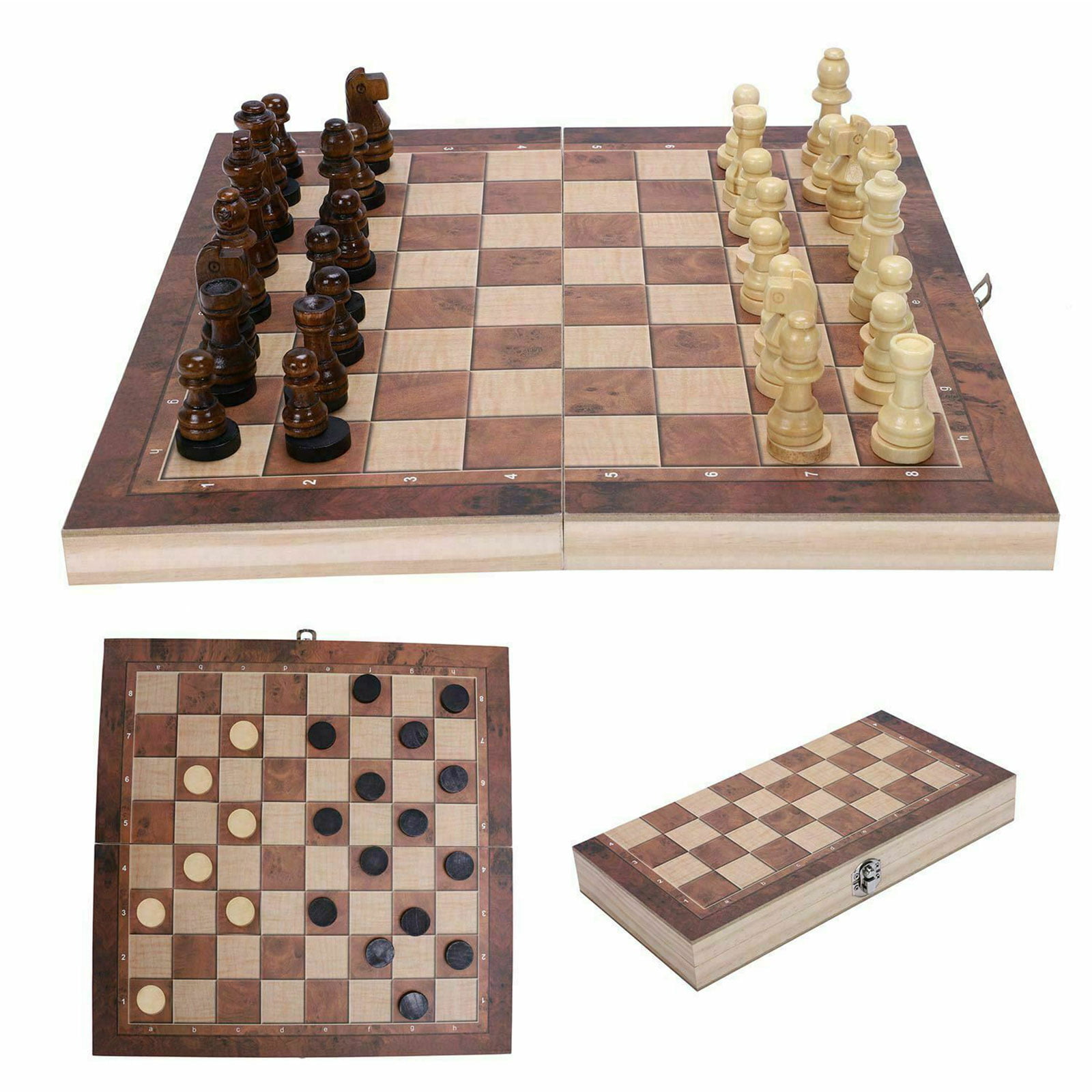 Large Folding wooden Chess Set Standard Chess Board Game Backgammon Draughts Kid 