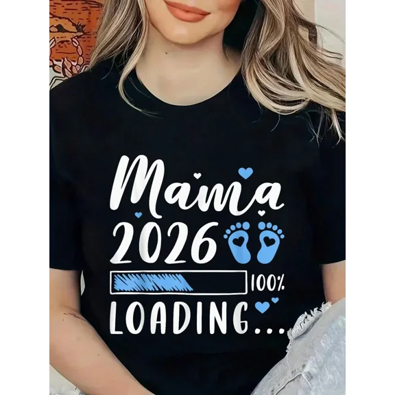 Retro Mama 2026 Loading T-Shirt Funny Pregnancy Announcement Shirt New Mother Tee Cute Maternity Graphic Top