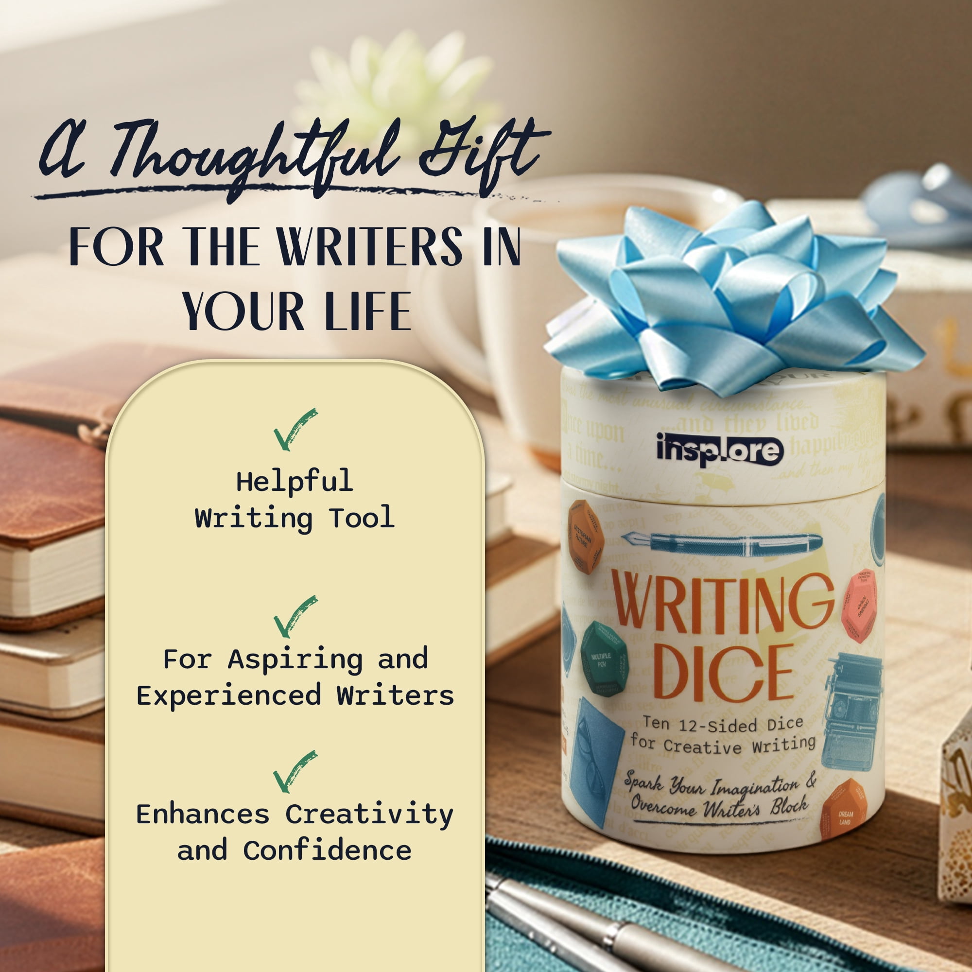 Insplore 12-Sided Writing Dice – Giftable Creative Writing Tool for Beating Writer's Block - 120 Inspiration Prompts Plus Fun Games and Challenges - Great Gift for Teen and Adult Authors