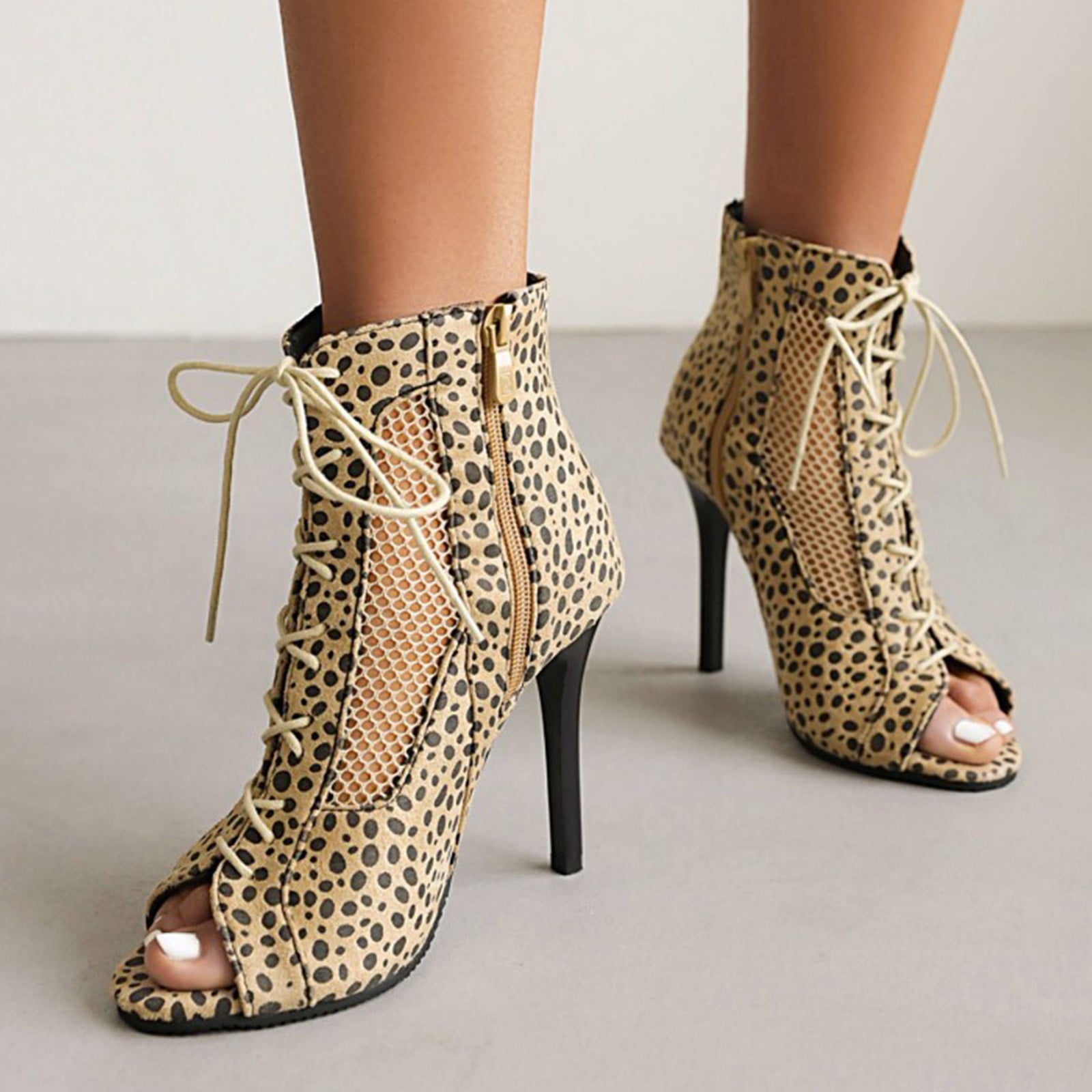Tawop Brown Boots Summer Lace Up Casual Peep Toe Leopard Hollow