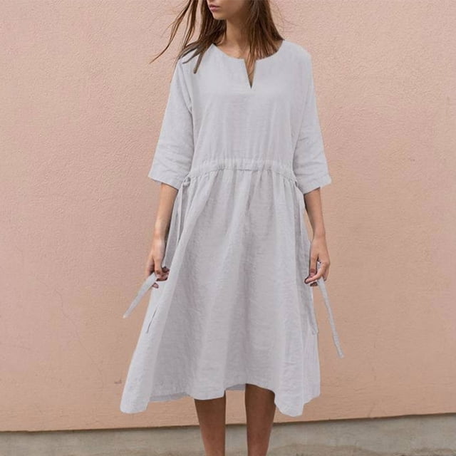 SMihono Robe d'Été Grande Taille pour Femmes 2023 Robe d'Été Ample Coton Chanvre Col en V Manches Trois Quarts Robe à Cordon Jupe