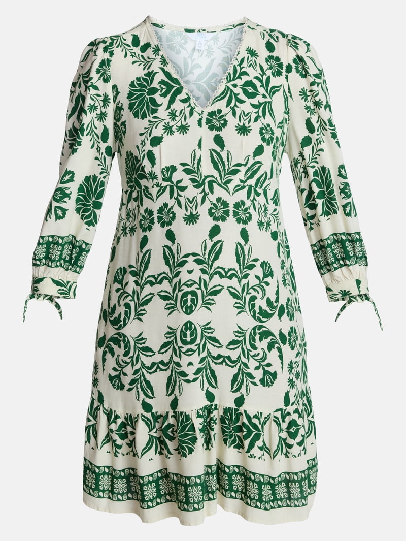 Time and Tru Women's Linen-Blend Border Print Mini Dress, Sizes XS-XXXL
