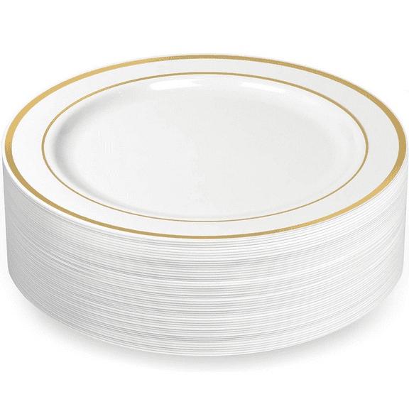 Exquisite Disposable  Wedding Plates 9" Cream/Gold Rim Plastic Plates - 40 Pack