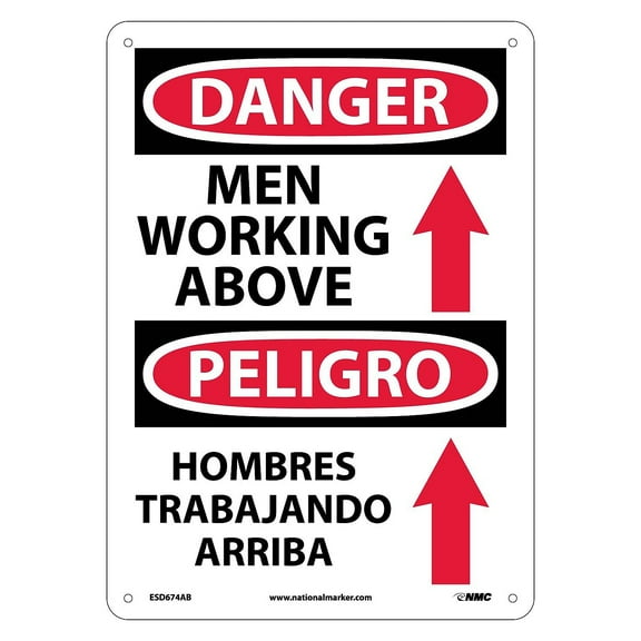 National Marker Men Working Above (Graphic) Bilingual 14X10 .040 Aluminum Danger Sign ESD674AB