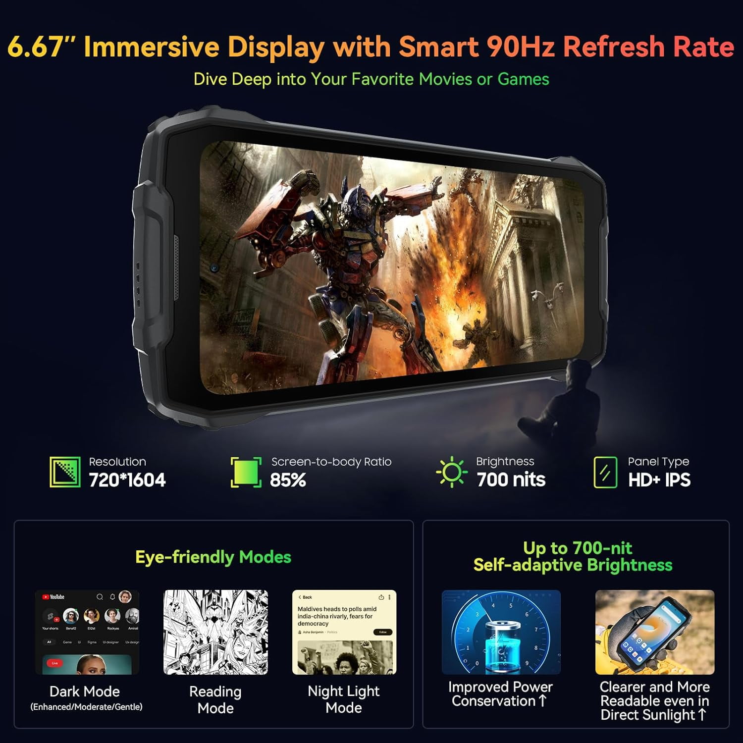 Blackview Unlocked Rugged Phone with Camping Light, 15000mAh 18GB+256GB 50MP+32MP+20MP Night Vision Camera, 6.67" Android 14 Rugged Smartphone, Glove Mode/NFC/Fingerprint