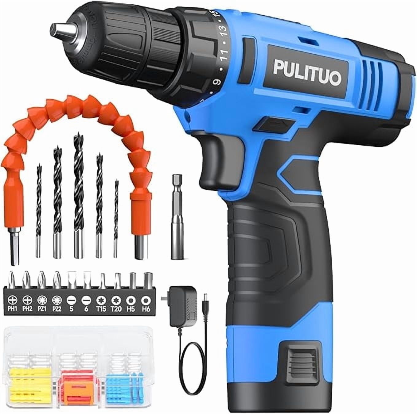 PULITUO 12V Cordless Power Drill Set with Battery and Charger, 3/8" Keyless Chuck, 21+1 Torque Settings, Built-in LED Light, Compact Electric Drill Kit for Home Improvement and DIY Projects(blue)
