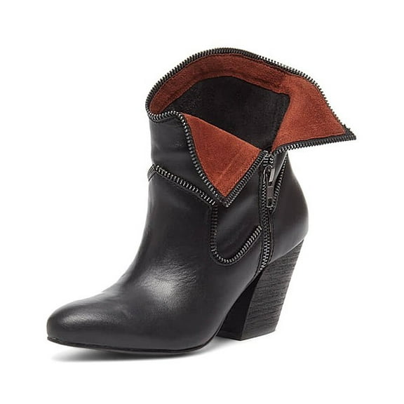 Kelsi Dagger Ingrid Black Leather Folded Lining Block Heel Western Ankle Bootie (BLACK, 6)