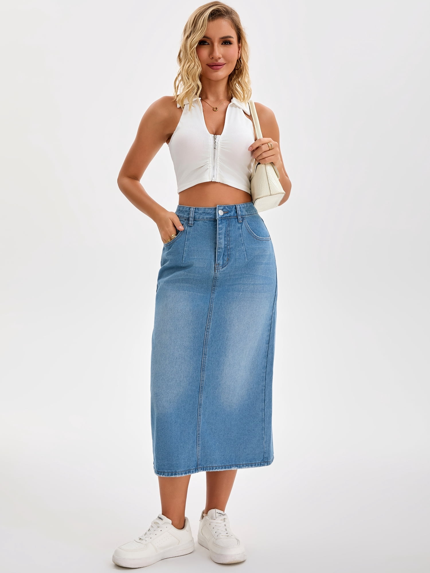 DARING DIVA Women's Denim Split Back Pockets Pencil Midi Jean Skirts Small Light Blue