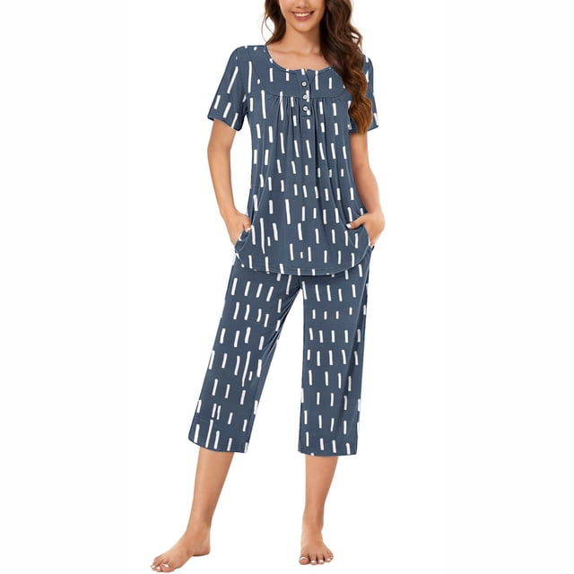 Rbaofujie Pyjama pour Femmes, Col Rond, Imprimé à Rayures, Manches Courtes, Ensemble Chemise de Nuit et Pantalon, Tenue d'Intérieur, Pyjamas avec Poches, Pyjamas de Noël pour la Famille