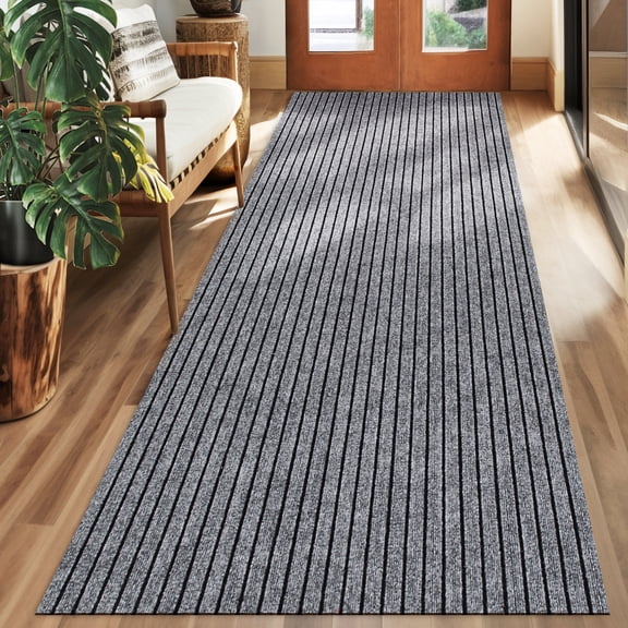 KOLOKO Modern Striped Gray Runner Rug, 2' x 6', Indoor Outdoor Non-Slip Carpet Runner with Rubber Backing for Hallway Kitchen Entryway
