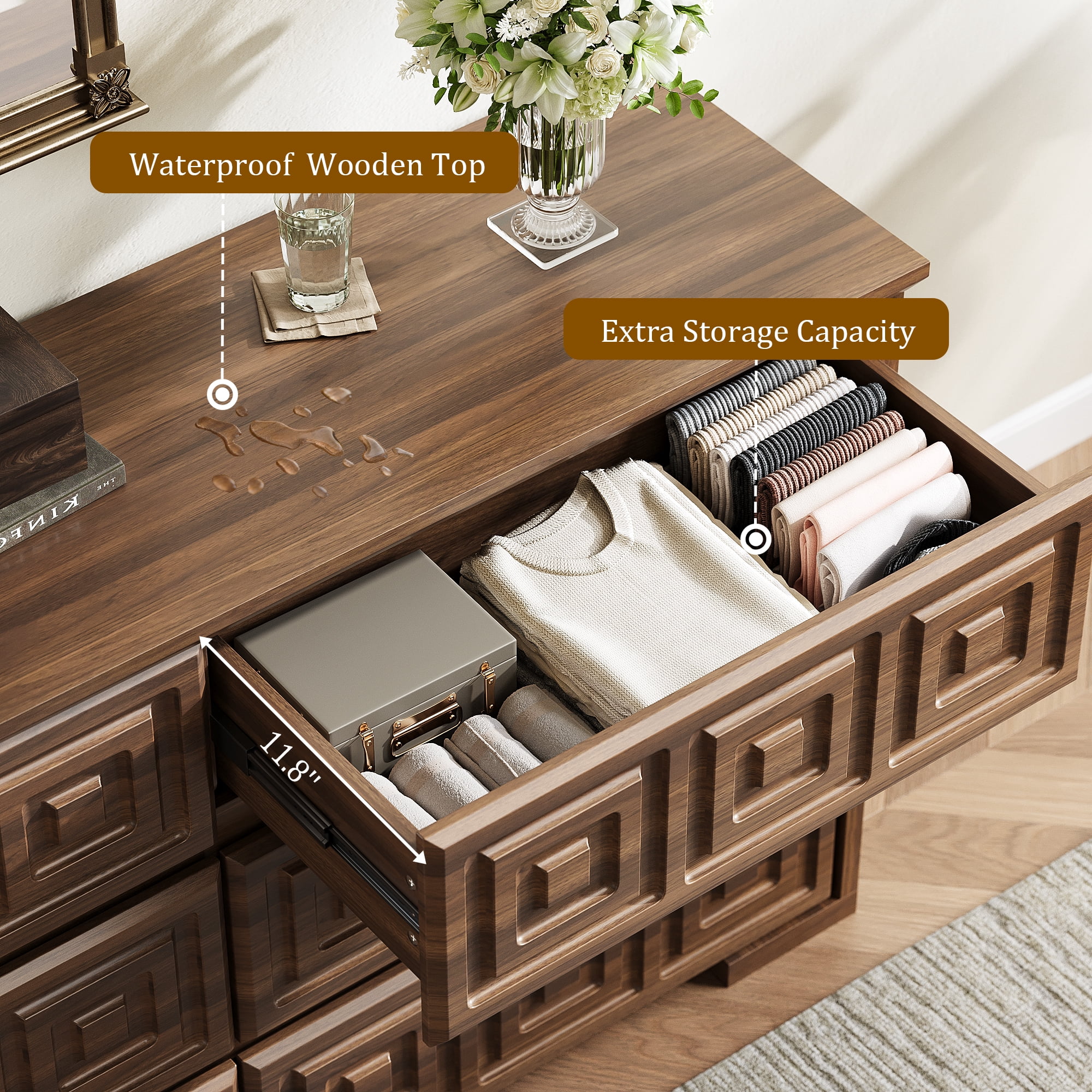 Aufeile Farmhouse Dresser for Bedroom, 54" Wide 6 Drawer Dresser with Carved Panels, Rustic Wooden Chest of Drawers, Long Bedroom Dresser Storage Cabinet for Living Room, Walnut