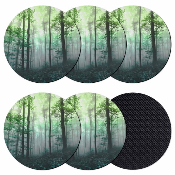 Teal Green Forest Coasters Set of 6, Absorbent Coasters for Drinks, Vintage Foggy Woods Tree Coaster for Desk Coffee Table Protection, Home Decor House Warming Gifts 4"