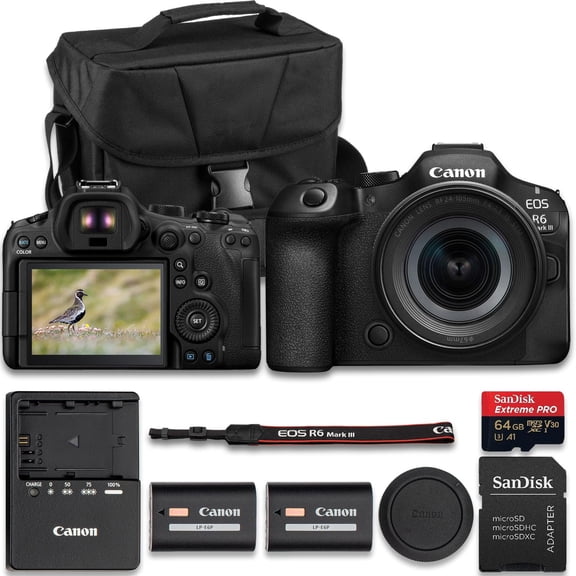 Canon EOS R6 Mark III Mirrorless Camera with RF 24-105mm f/4-7.1 is STM Lens Extra Battery SanDisk Extreme Pro 128GB Camera Carrying Case (14pc Bundle)