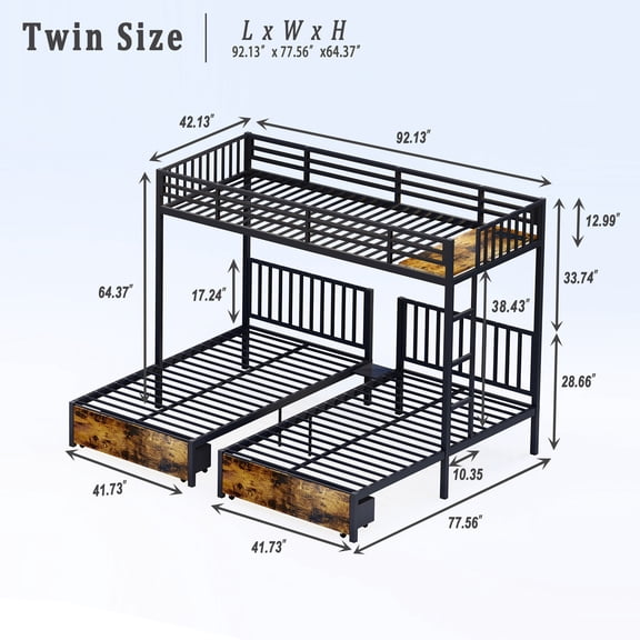 JUYG Triple Metal Bunk Bed Separates into 3 Twin Beds, Black