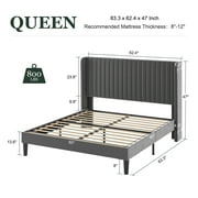 Amolife Queen Size Velvet Upholstered Bed with Wingback Headboard, Light Grey