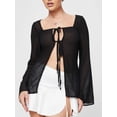 thumbnail image 2 of JYYYBF Women Sheer Tops, Long Flare Sleeve Tie-up See-through Solid Color Fall Tops Clubwear, 2 of 9