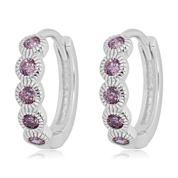 AVORA 925 Sterling Silver Pink Simulated Diamond CZ Huggie Hoop Earrings