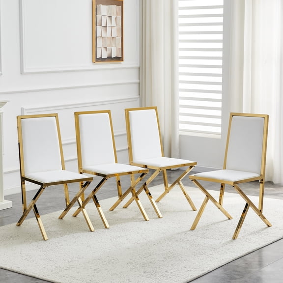 4-Pack White PU Dining Chairs with Gold Metal Frame, Ergonomic Design, Luxury Unique Gold Metal Legs