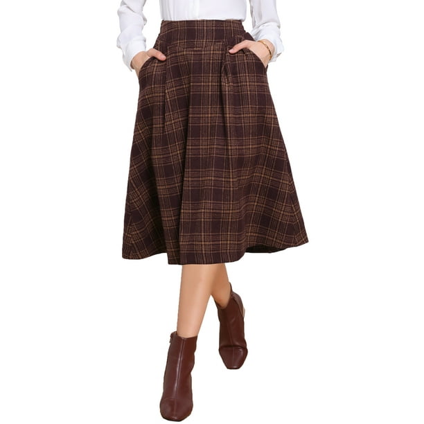 Falda de cuadros para mujer INSPIRE CHIC, vintage, de cintura alta, con corte A, plisada, midi, con bolsillos, rosa oscuro S