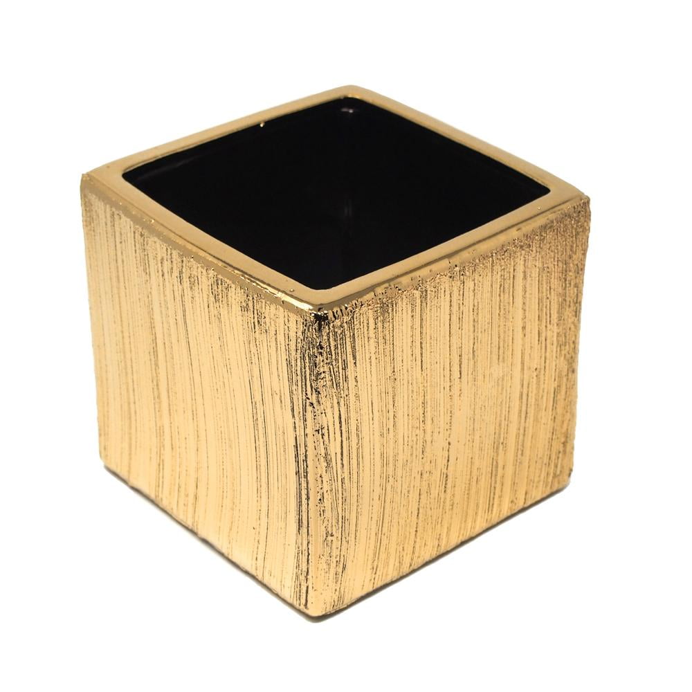Scratched Square Cube Ceramic Floral Vase, Gold, 51/2Inch x 51/2
