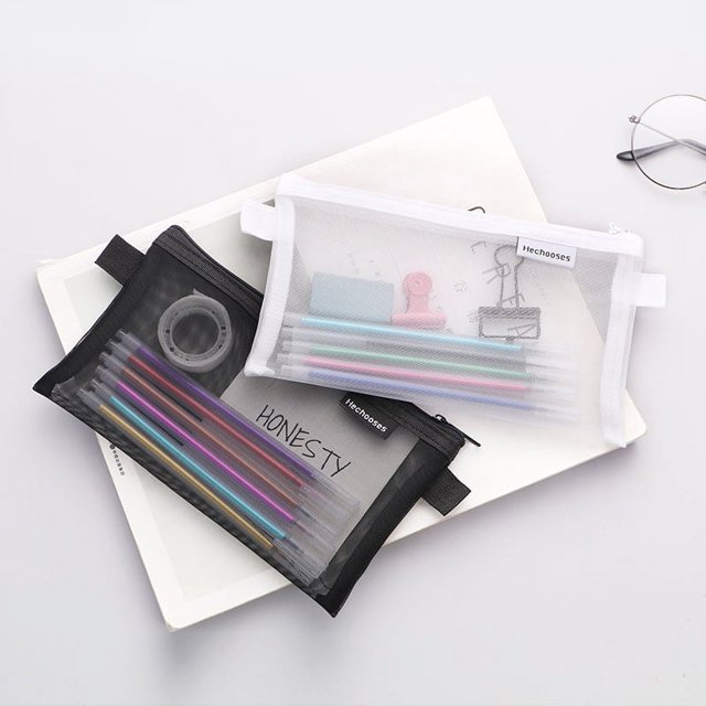 Bolsa de almacenamiento de malla transparente simple para bolígrafos, bolsa de bolígrafo portátil para exámenes de estudiantes, bolsa de papelería de gran capacidad