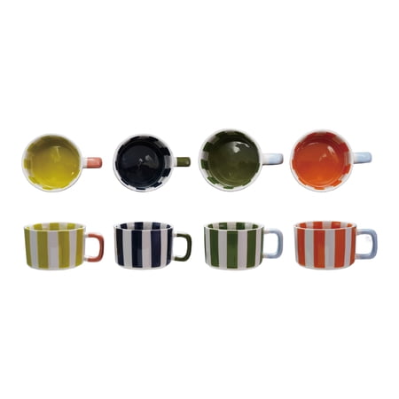 Creative Co-Op 4-Piece 14-Ounce Hand-Painted Stoneware Striped Mug Set, Multicolor